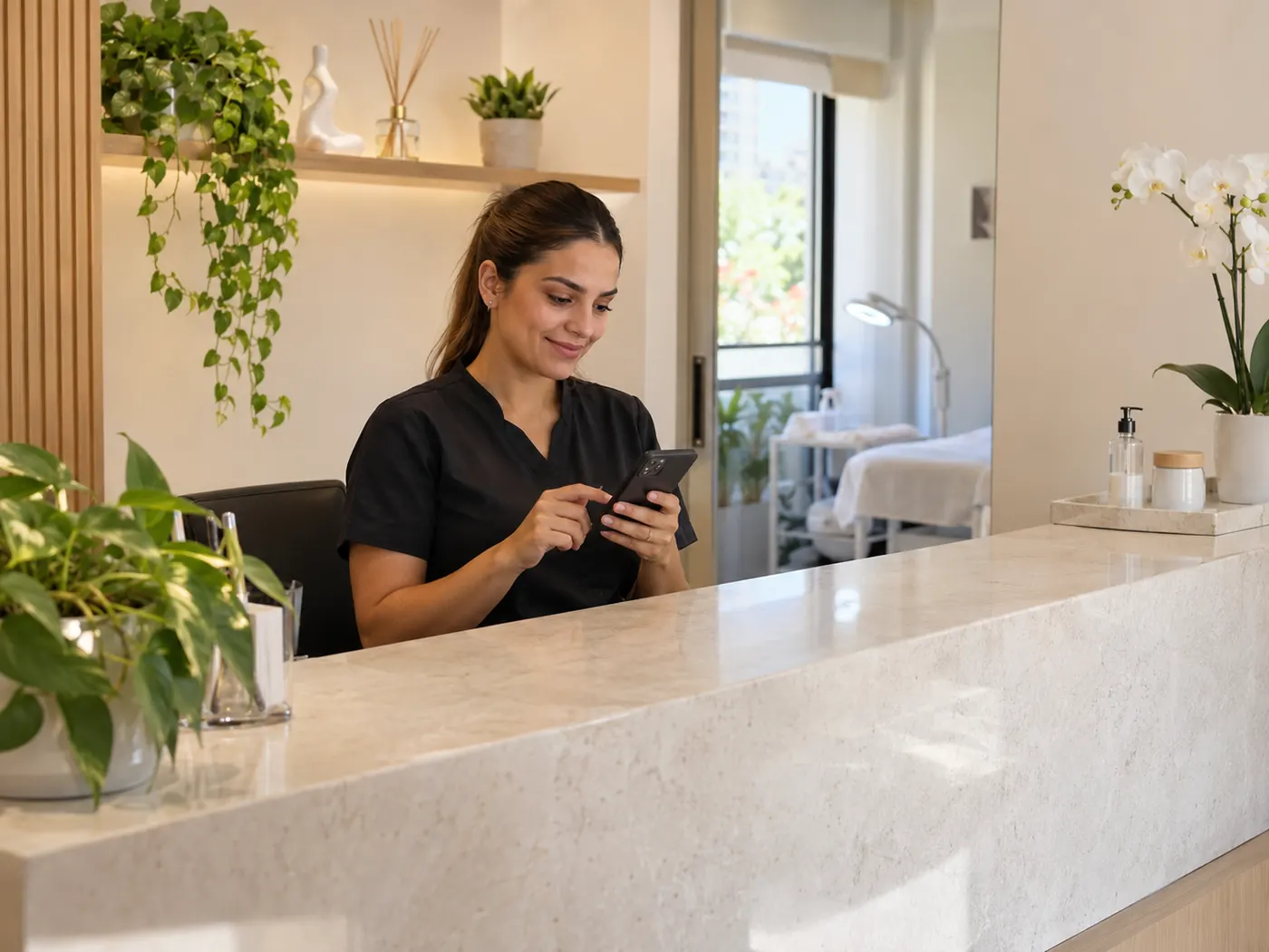 Recepcionista de clínica responde pelo celular
