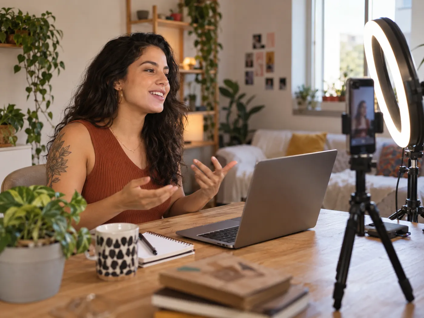 Criadora de conteúdo grava vídeo com celular e ring light