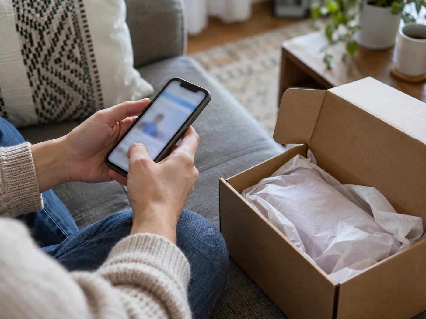 Pessoa segura o celular ao lado de uma caixa de produto