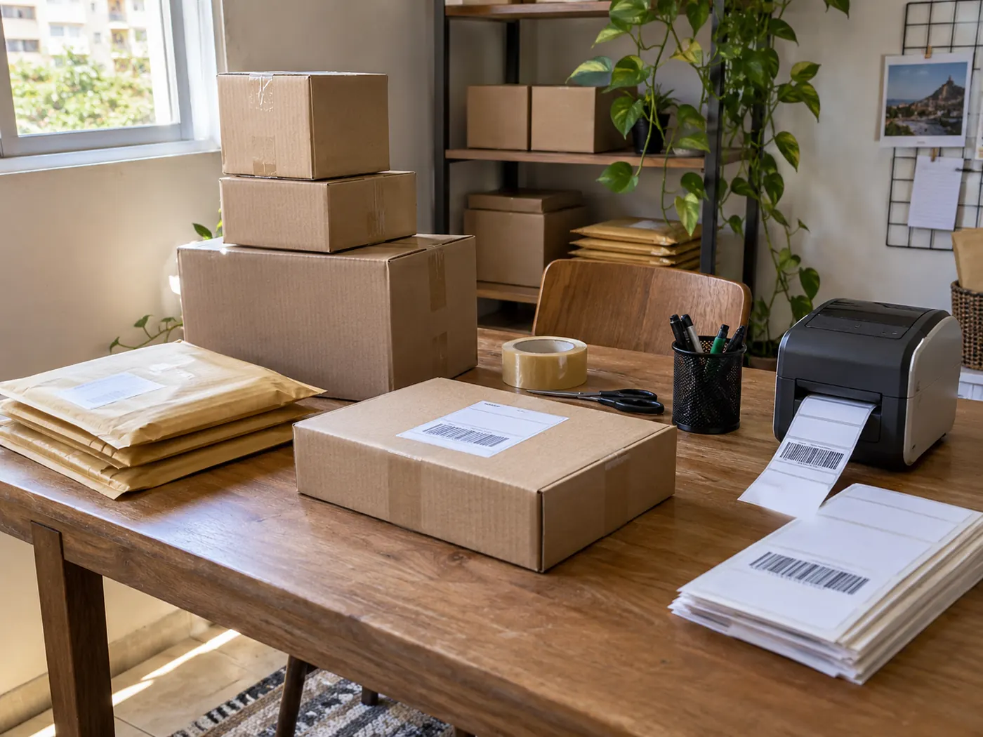 Pacotes prontos para envio em uma pequena operação de e-commerce